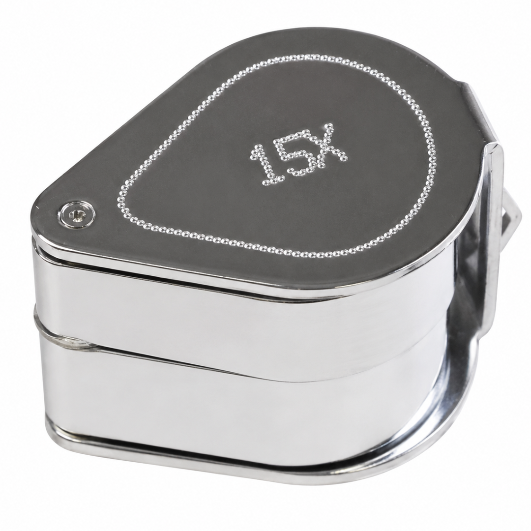 Double Lens Jeweler’s Loupe 15X & 20X Magnifier, Chrome Plated Folding Pocket Loupe with Dual Glass Lenses, Combined 35X Magnification, Leatherette Snap Pouch for Jewelry, Coins, Stamps, Watches – MG-45201