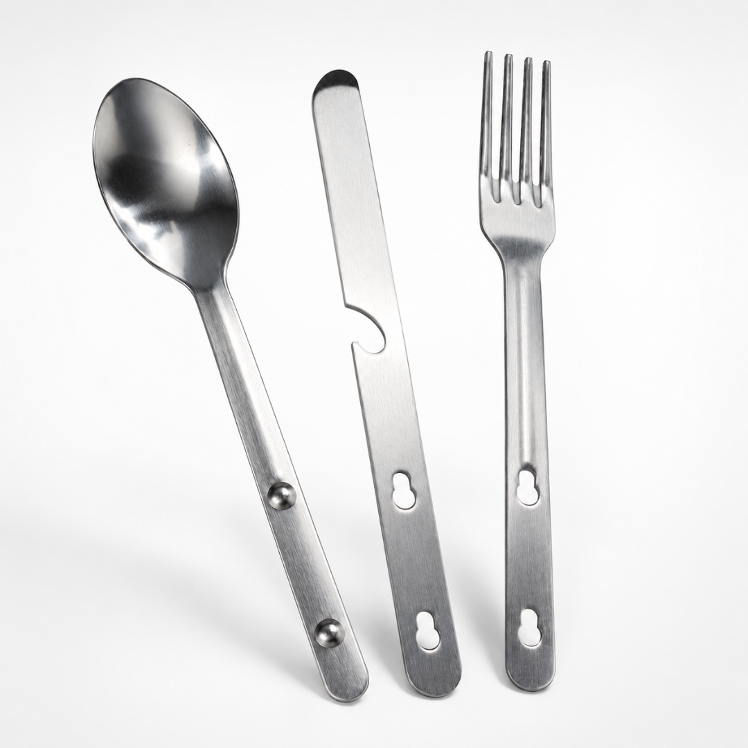 3-Piece Stainless Steel Camping Cutlery Set, Fork Spoon & Knife with Bottle Opener, 6-Inch Portable Utensil Set with Vinyl Snap Pouch for Camping, Hiking & Travel - TP-18192