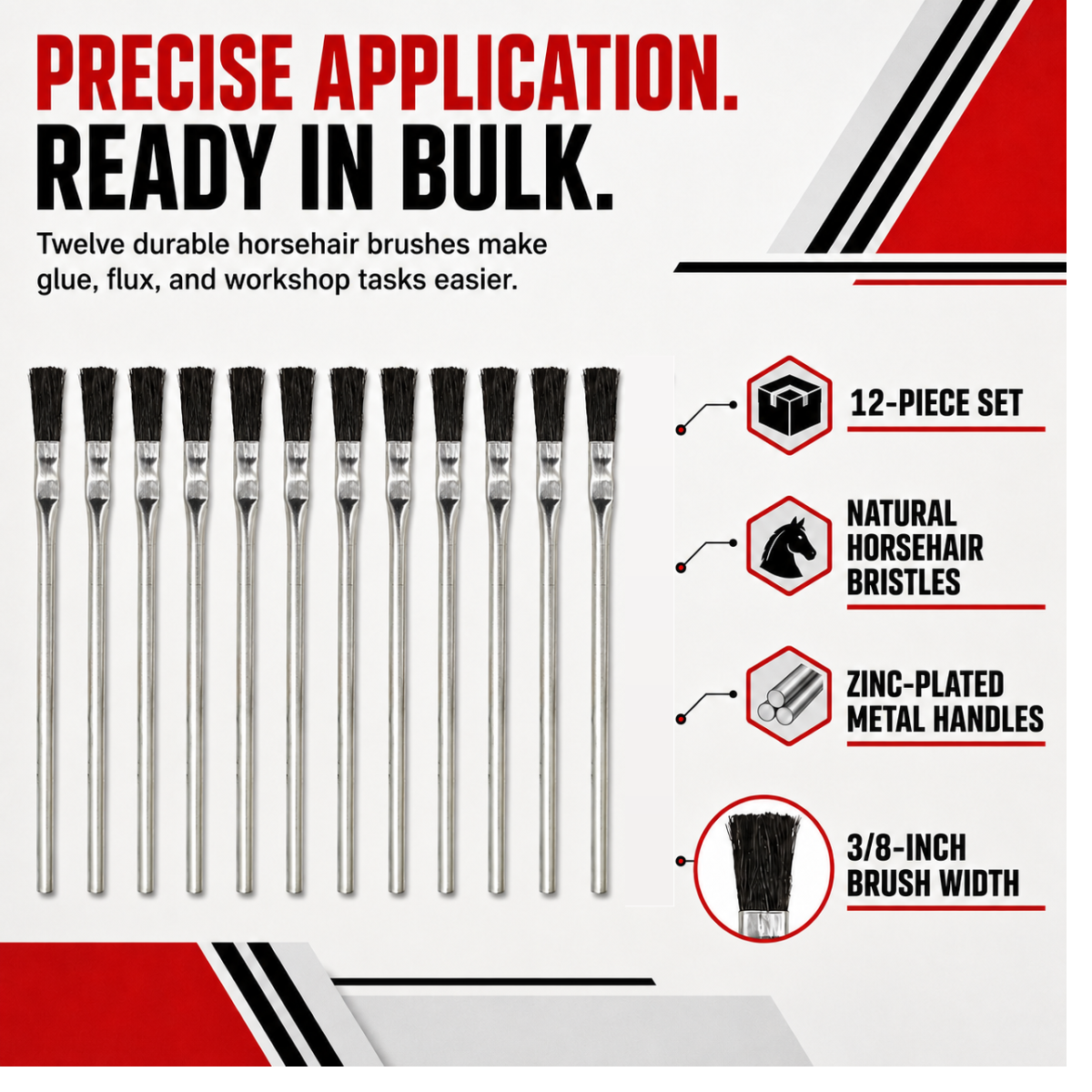 12-Piece 3/8-Inch Acid Brush Set with Horsehair Bristles and Zinc-Plated Metal Handles, 6-Inch Length — TZ63-06305