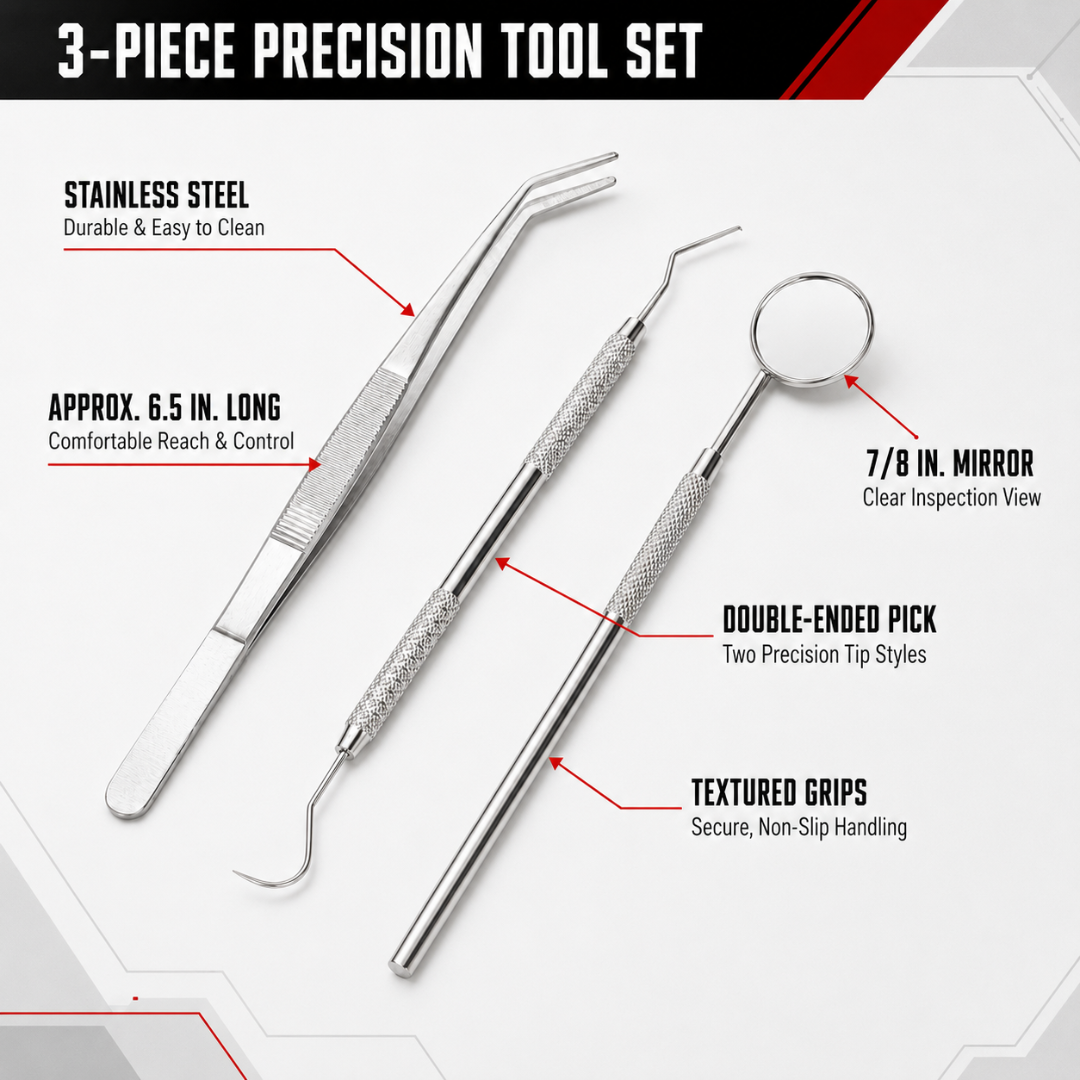 3-Piece Precision Stainless Steel Tool Set with Inspection Mirror, Double-Ended Pick and Curved Tweezers, Textured Handles and Vinyl Case, 6-1/2 Inch