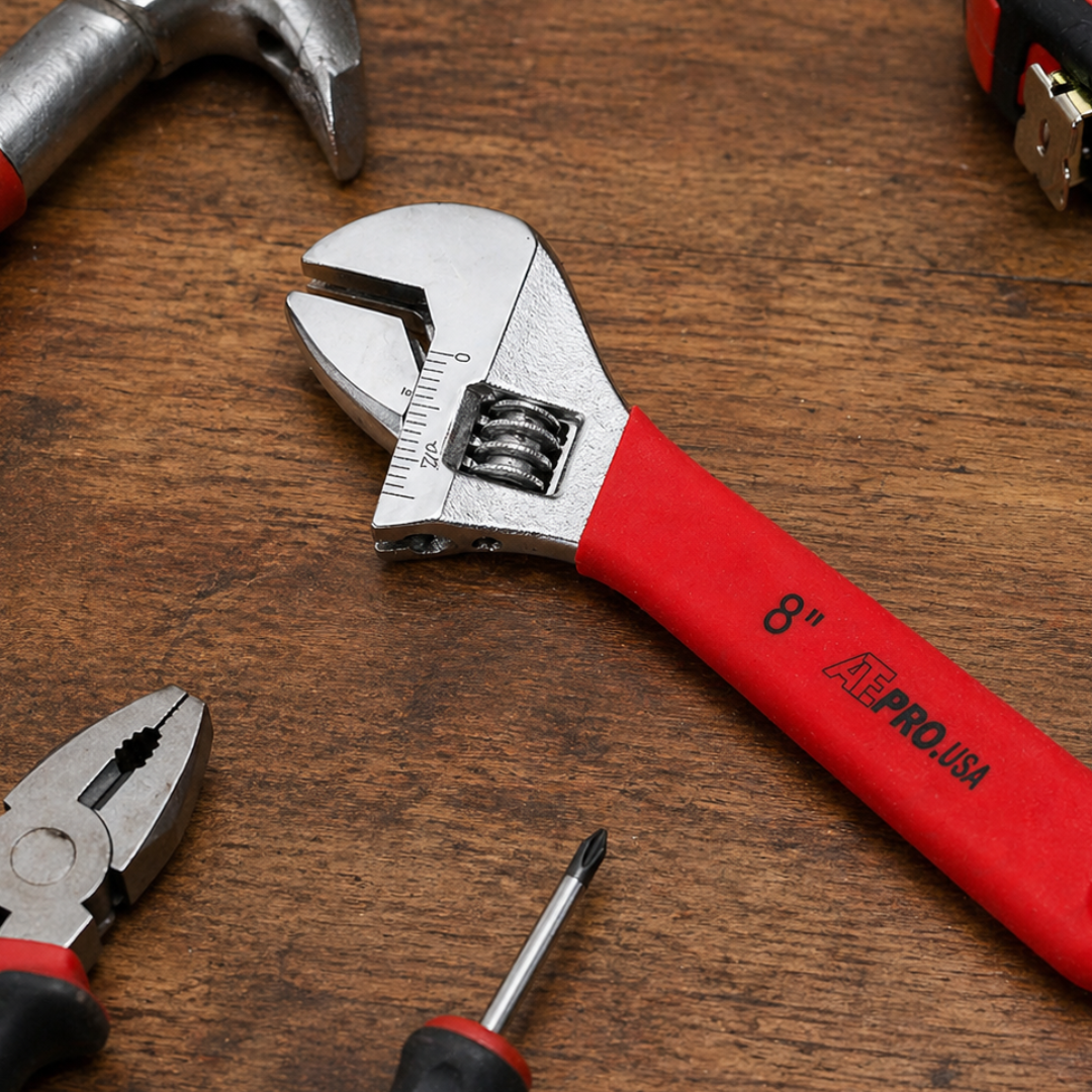8" Adjustable Wrench with Red Rubberized Grip, 7/8" Jaw Capacity, SAE Jaw Guide, Precision Adjustable Spanner Tool
