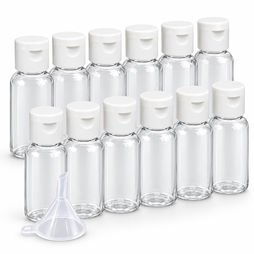 12-Pack 30ml Clear Plastic Travel Bottles with Flip-Top Caps & Filling Funnel – Refillable PET Containers for Shampoo, Lotion, Toiletries & Liquid Essentials