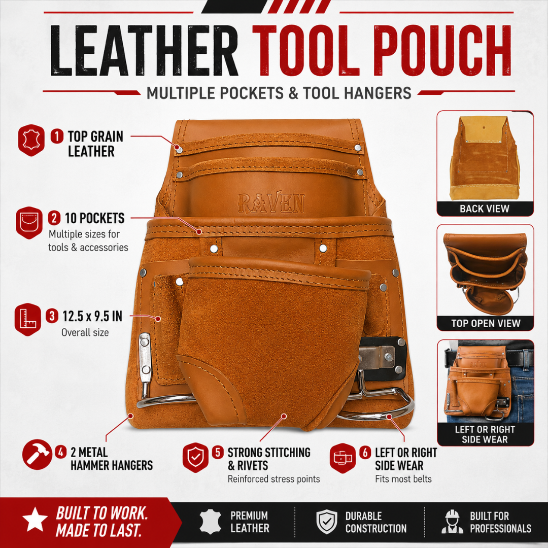 Leather Tool Pouch for Belt, 10 Pocket Tool Organizer with 2 Metal Hammer Holders, Heavy Duty Belt-Worn Construction Pouch for Carpenters, Electricians, Contractors & DIY Work