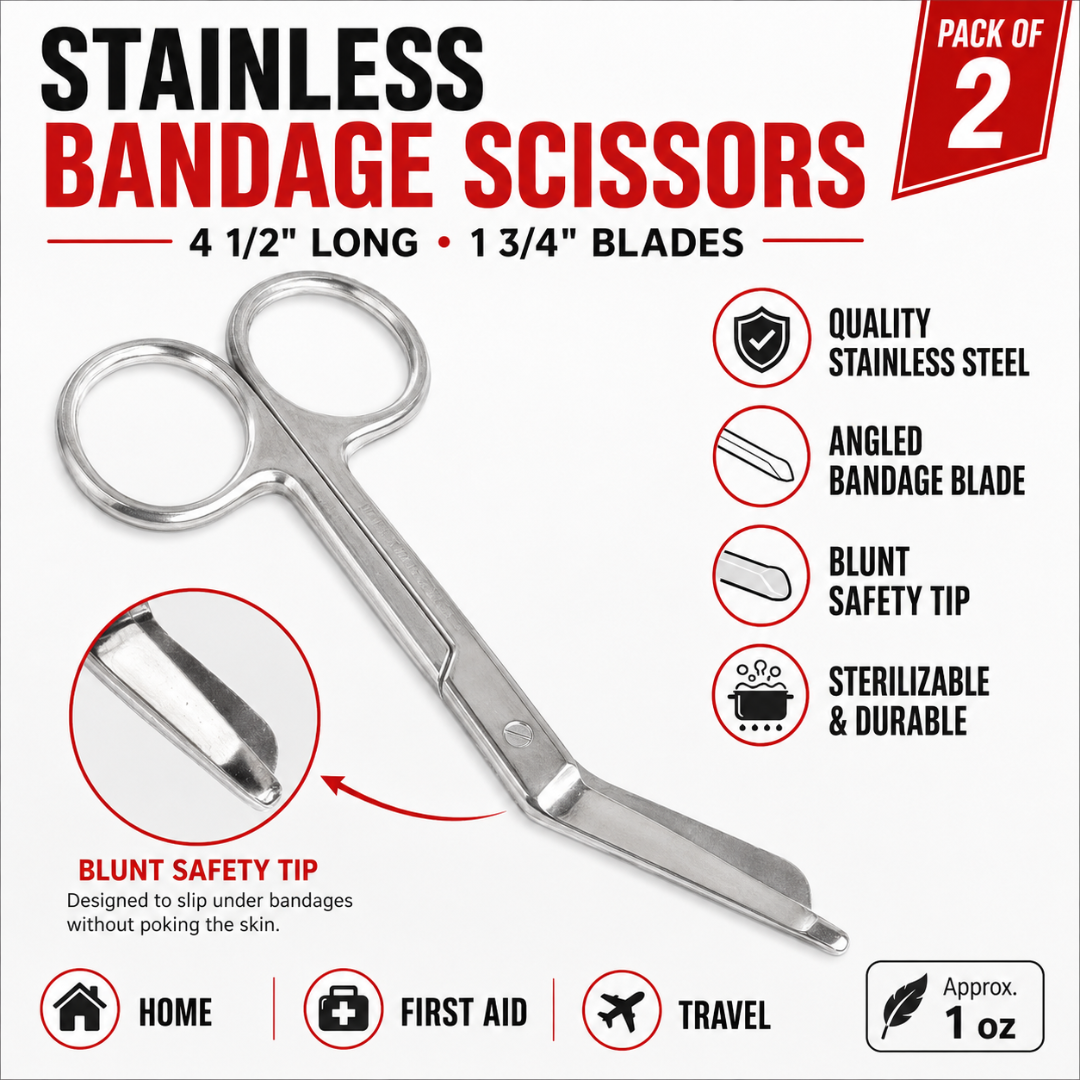 Stainless Steel Bandage Scissors, 4.5 Inch First Aid Scissors with Blunt Safety Tip, 1.75 Inch Angled Blades for Gauze, Medical Wraps, Emergency Kits, Travel & Home Use, Pack of 2