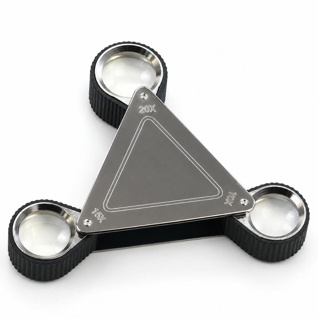 Triangular Jeweler’s Loupe 10X 15X 20X Magnifier, Stainless Steel Folding Triple Lens Pocket Loupe with Glass Lenses, Rubberized Grip Rings for Jewelry, Gems, Coins, Stamps & Watch Inspection – MG-45197