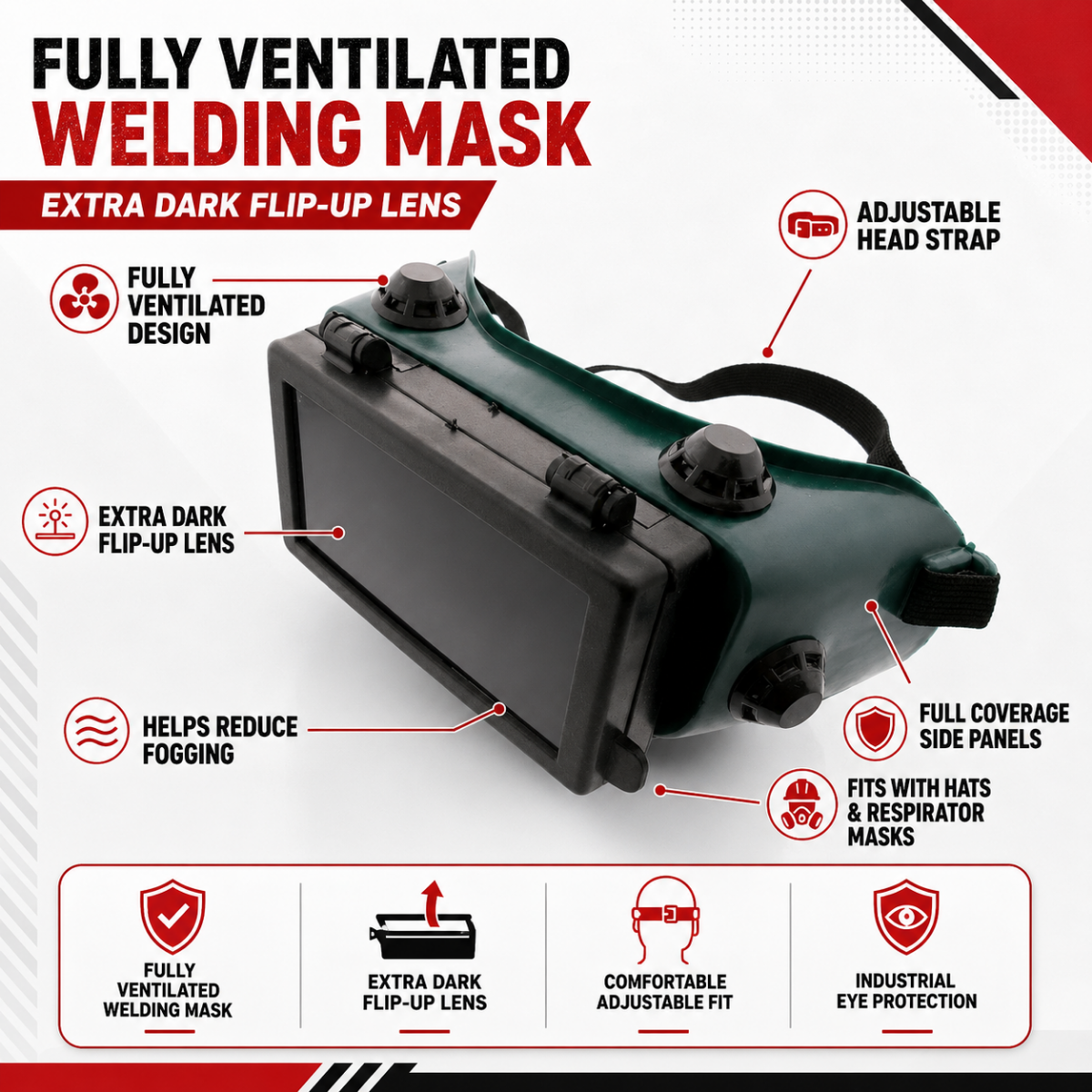 Fully Ventilated Welding Safety Goggles with Extra Dark Flip-Up Lens & Adjustable Head Strap - SF-88207