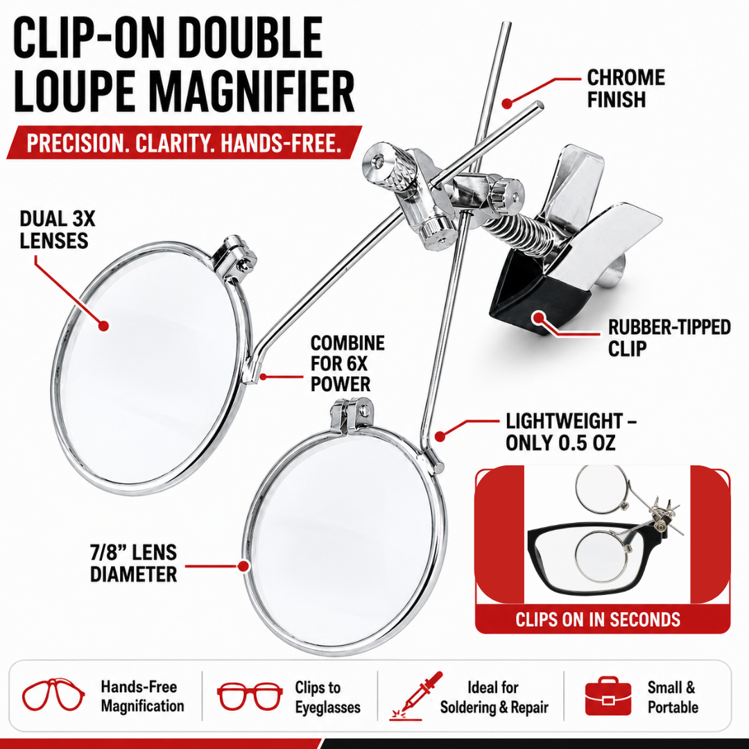 Double Lens Clip-On Eyeglass Loupe Magnifier, 3X Each Lens, Hands-Free Magnification for Jewelry, Electronics, Watch Repair, Crafts & Close Detail Work