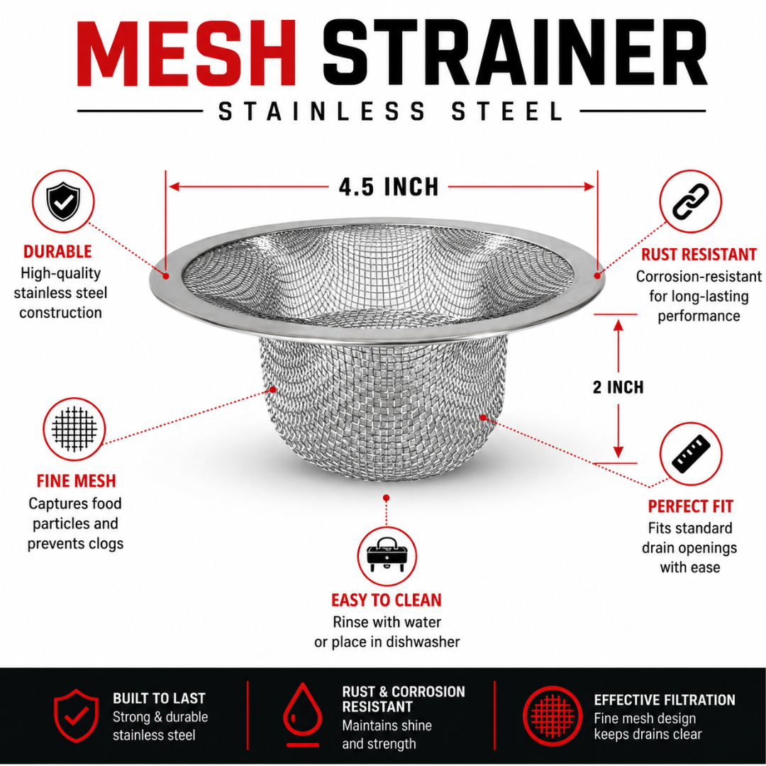 4.5 Inch Stainless Steel Mesh Sink Strainer, Fine Mesh Kitchen Drain Basket for Catching Food Debris, Durable Round Sink Drain Filter
