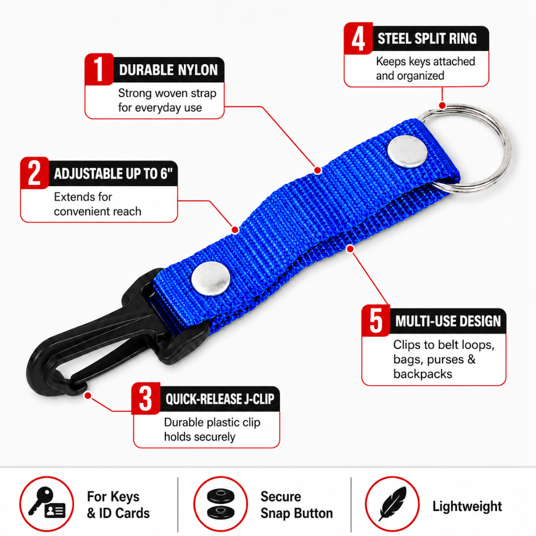 2 Pc. Adjustable Nylon Key Strap with Quick-Release J-Clip, Steel Split Ring, Blue Keychain Strap for Keys, ID Cards, Belt Loops, Bags, Purses & Backpacks