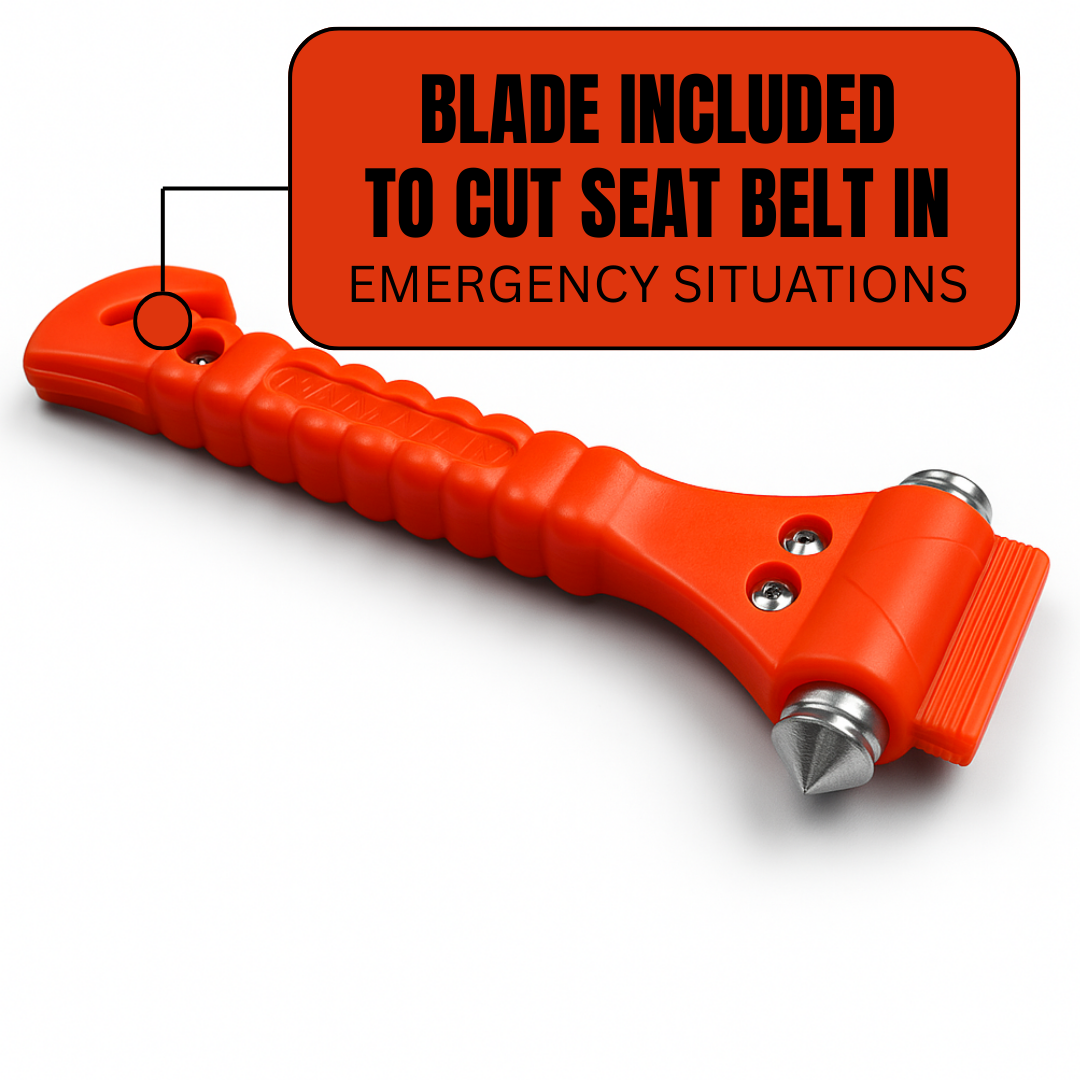 Emergency Escape Hammer with Seatbelt Cutter (Orange) – Auto Safety Tool for Car, SUV, Truck – Window Breaker with Sharp Steel Tips & Protective Holder – PH-00545