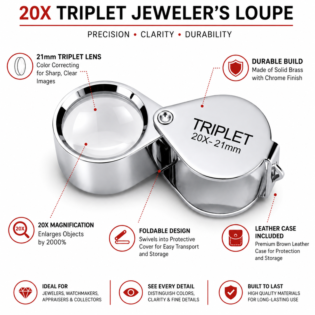 20X Triplet Jeweler’s Loupe Magnifier with Chrome Finish, 21mm Color-Correcting Glass Lens, Foldable Brass Pocket Loupe with Brown Leather Case for Jewelry, Gems, Watches & Appraisals