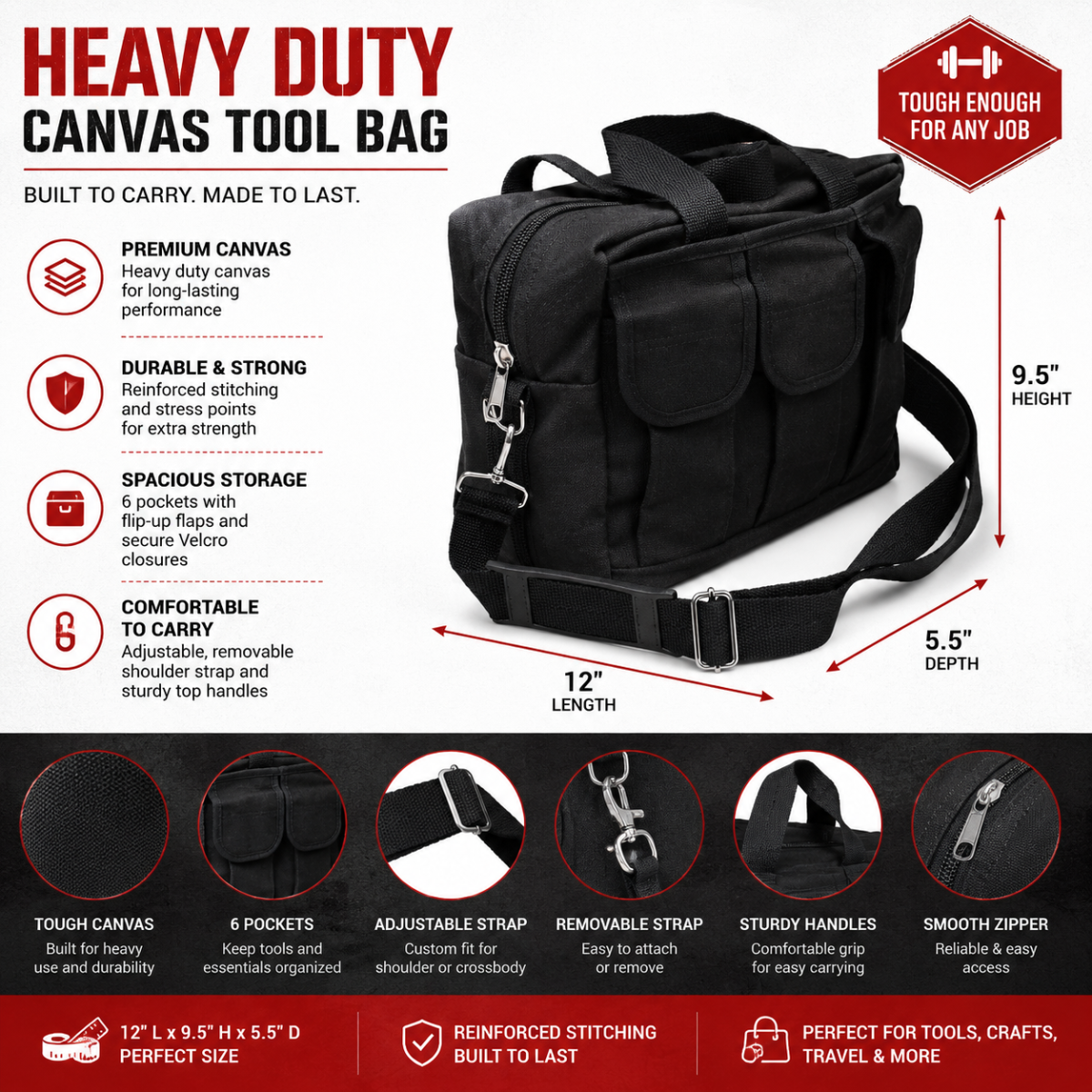 Heavy Duty Canvas Tool Bag with Removable Adjustable Shoulder Strap, 12" Multi-Pocket Utility Carry Bag for Tools, Crafts, Travel, Camera Gear, and Supplies