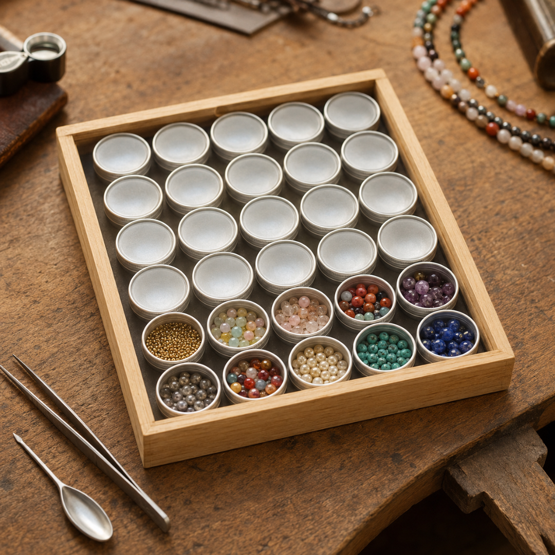 30-Piece Aluminum Gem Jar Display Case Set, 1-5/16 Inch Round Containers with Clear Lids and Wooden Storage Tray for Beads, Stones, Jewelry Parts and Small Items