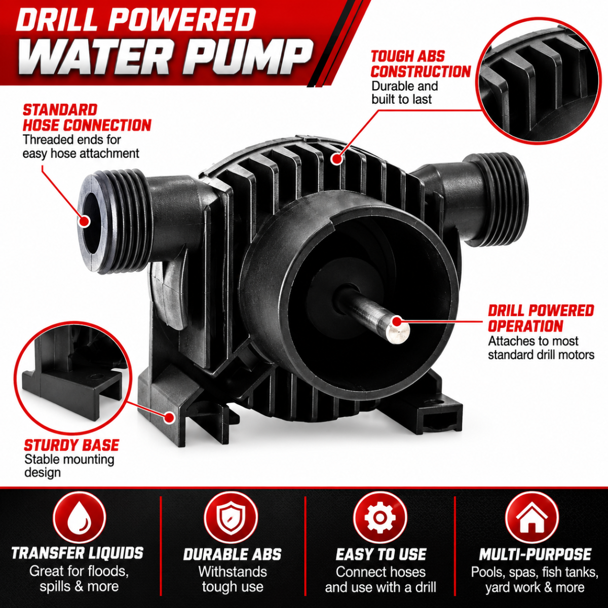 Drill Powered Water Transfer Pump – Portable ABS Siphon Pump for Draining Pools, Fish Tanks, Spas, Flood Water & Household Spills – G-76550