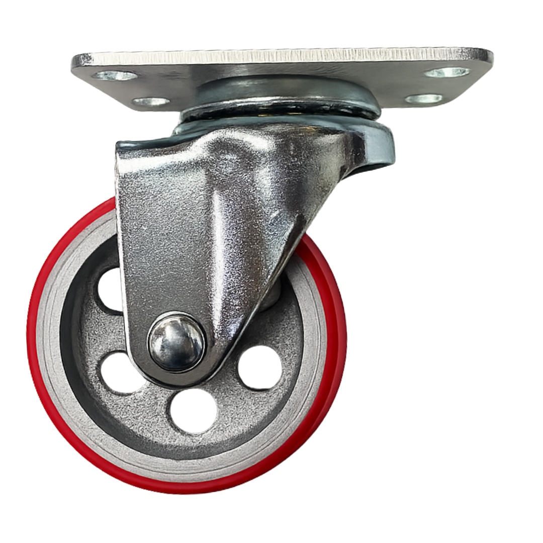 3 Inch x 1-1/4” Heavy Duty Swivel Casters (4 Pack) – Red Polyurethane Wheels – 360° Plate Mount Caster Wheels – Industrial Replacement for Carts, Workbenches & Dollies