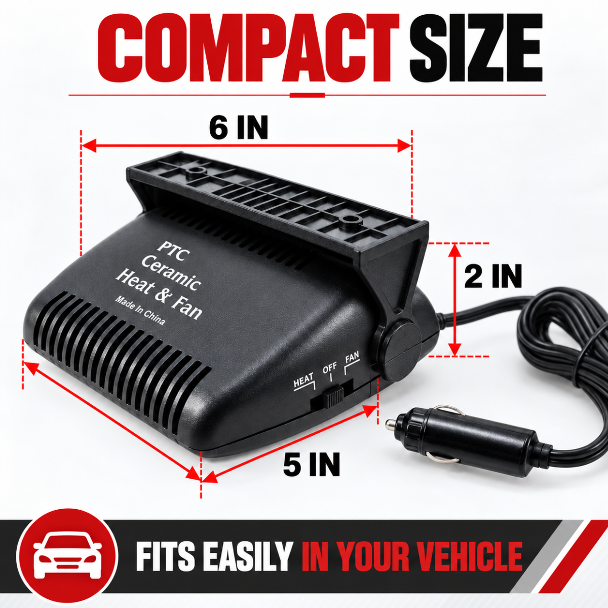 Road Genie 12V Car Heater & Fan, 120W Portable Automotive Windshield Defroster with Heat/Fan Settings, Adjustable Mounting Bracket and Cigarette-Lighter Plug, 6 x 5 x 2 Inches