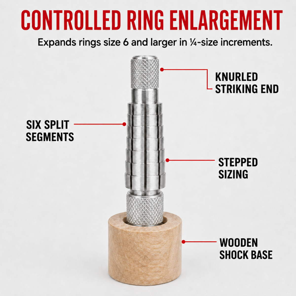 Rathburn Ring Stretcher with 6-Segment Stepped Expanding Mandrel and Wooden Base, Ring Size 6+ in 1/4-Size Increments – TJ01-09770