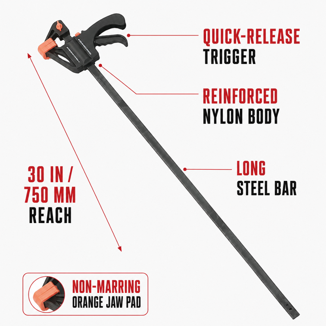 30-Inch Quick-Release Bar Clamp – Adjustable 750mm Nylon Clamp with Steel Bar and Protective Jaw Pads for Woodworking, Cabinets and DIY Projects – TZ03-91830