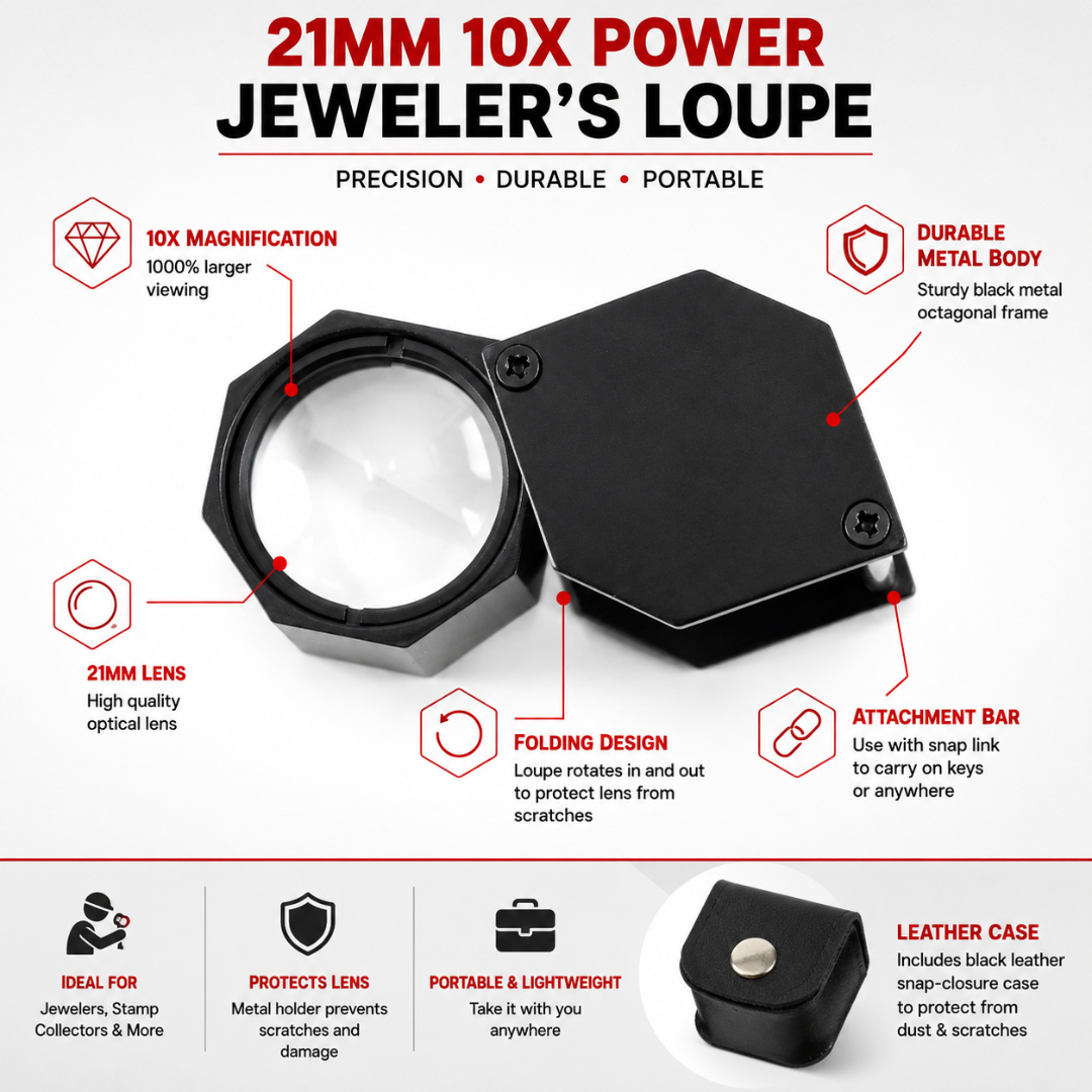 10X Hexagonal Jeweler’s Loupe Magnifier, 21mm Black Metal Folding Loupe with Leather Snap Case for Jewelry, Coins, Stamps, Gems & Precision Inspection – TJ-71450