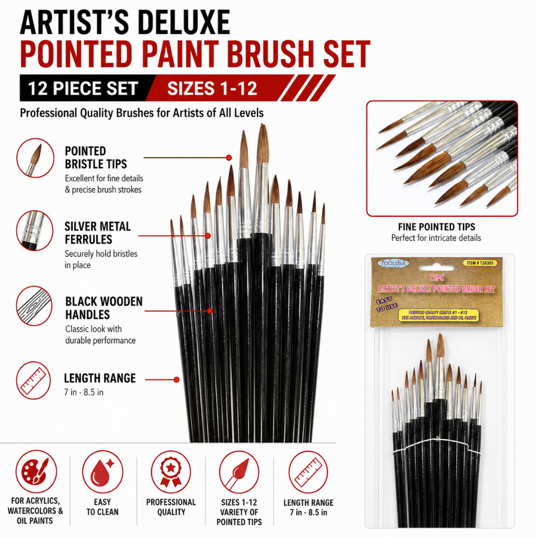 Artist’s Pointed Paint Brush Set, 12-Piece Round Detail Brushes, Sizes 1–12, Black Wood Handles for Acrylic, Watercolor and Oil Painting