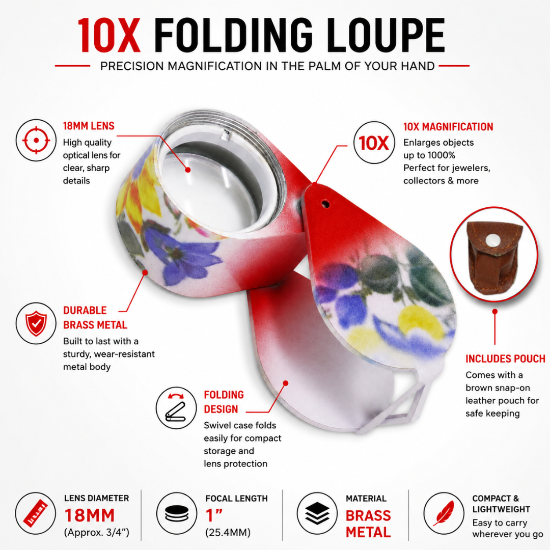 Floral Design Jeweler’s Loupe 10X Magnifier, 18mm Lens, Brass Folding Pocket Loupe with Brown Snap Pouch for Jewelry, Coins, Stamps, Watches & Detail Inspection