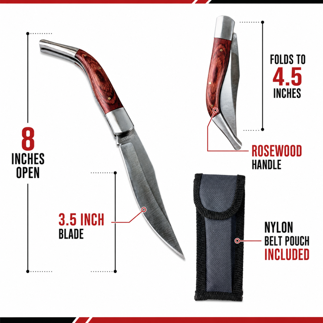 8 Inch Rosewood Curved Folding Pocket Knife with 3.5 Inch Blade and Nylon Belt Pouch for Camping, Fishing and Outdoor Us