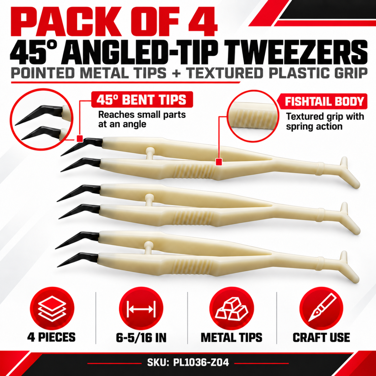 6.25-Inch Plastic Tweezers with 45° Angled Metal Tips, Textured Fish Tail Grip, Pointed Serrated Tips for Crafts, Hobby Work & Small Parts – Pack of 4 – PL1036-Z04