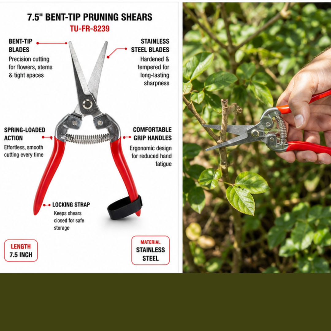 7.5-Inch Bent-Tip Pruning Shears with Stainless Steel Blades, Spring-Loaded Garden Scissors, Comfort Grip Handles and Safety Lock Strap – TU-FR-8239