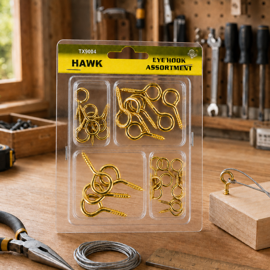 Assorted Brass Eye Hooks, 4-Size Screw Eye Hook Assortment for Wire, Cable, Hanging and DIY Projects, Easy-Store Compartment Package – HW-99004