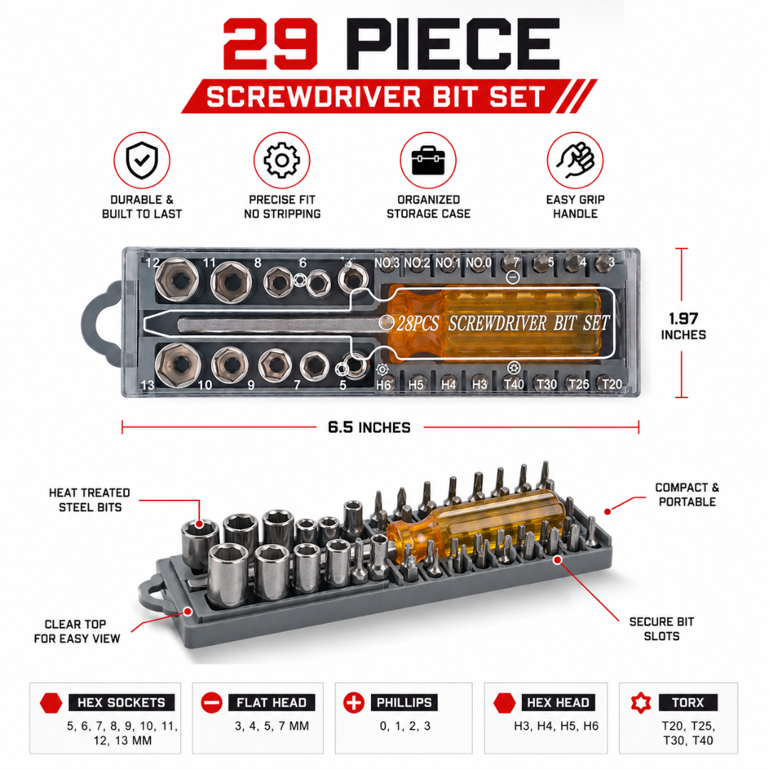 29 Piece Screwdriver Bit Set with 6.5" Torque Grip Handle, Hex Sockets, Phillips, Slotted, Torx Star & Hex Bits in Storage Case – Multi-Bit Driver Tool Kit