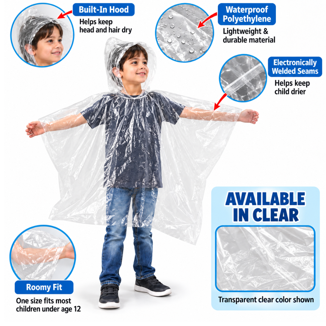 4 Pack Clear Hooded Children's Rain Poncho – Lightweight Waterproof Polyethylene Plastic, Reusable Emergency Rain Protection for Camping, Travel, Hiking & Outdoor Events