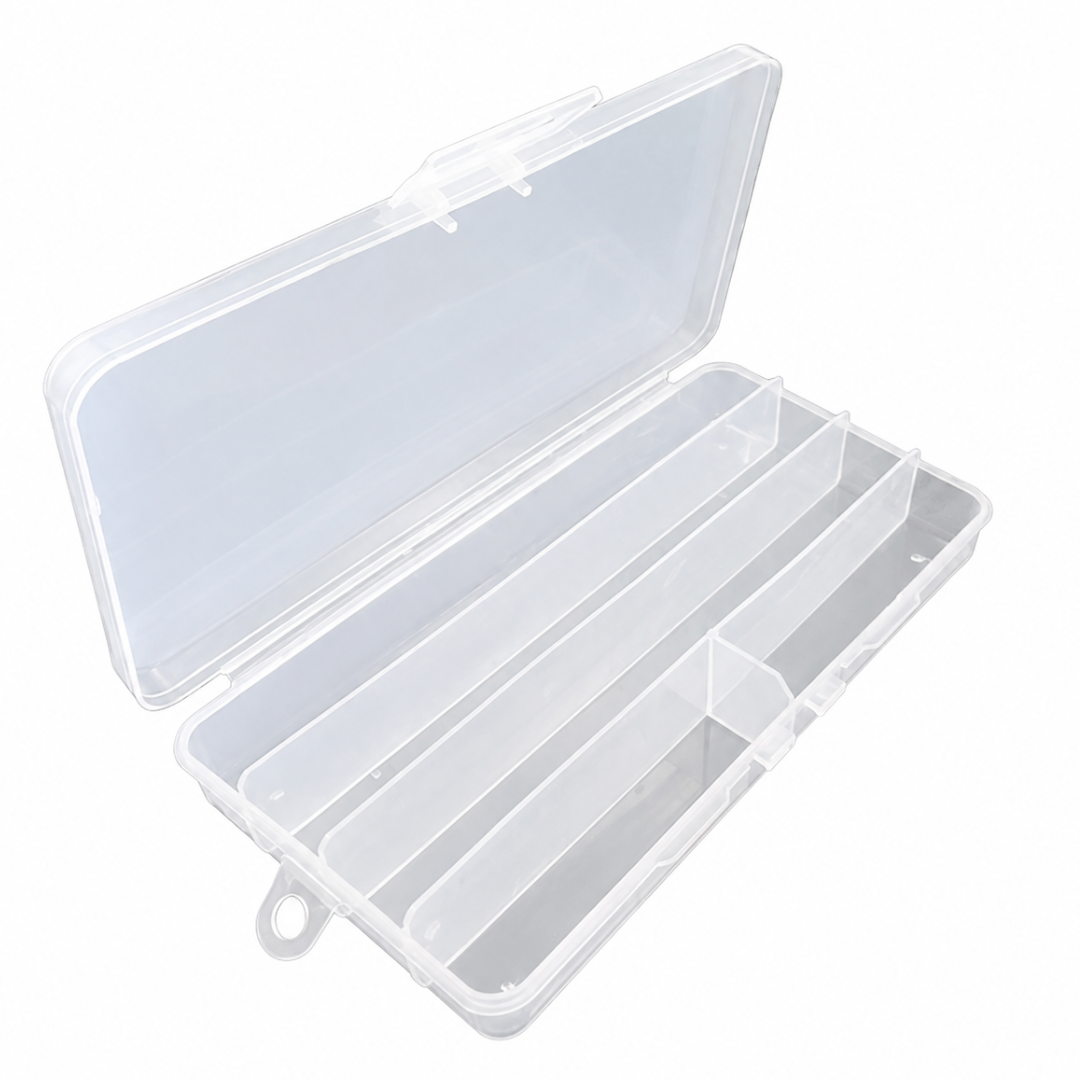 5-Compartment Plastic Organizer Box, Pack of 2, 6.75 x 3.5 Inch Frosted Clear Small Parts Case with Hinged Lid and Hanging Hook for Beads, Crafts, Sewing and Hardware