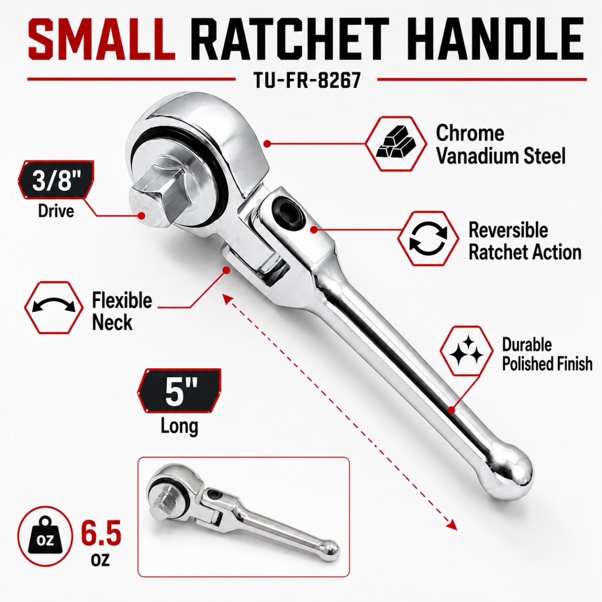 5-Inch Flex-Head Ratchet Handle, 3/8-Inch Drive Reversible Socket Wrench, Compact Hand Ratchet for Tight Spaces, Ergonomic Bulb-Shaped Grip, 6.5 Oz