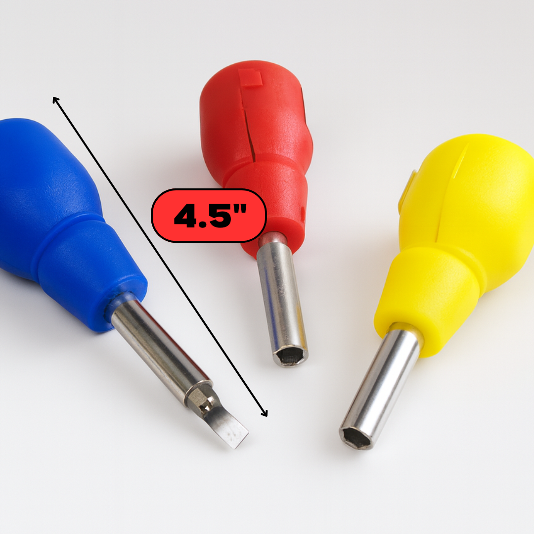 4-in-1 Multi-Bit Stubby Screwdriver with Built-In Handle Storage – Includes 2 Phillips & 2 Flat Head Bits – Compact, Handy, Assorted Colors (Display Jar of 36)