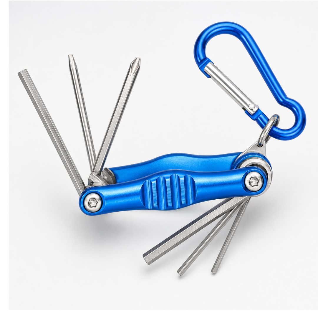 6-in-1 Folding Multi-Tool for Bicycles and Motorcycles – Phillips and Slotted Screwdrivers, 3, 4, 5 and 6 mm Hex Keys with Snap-Hook Key Ring – PS2012-TAI