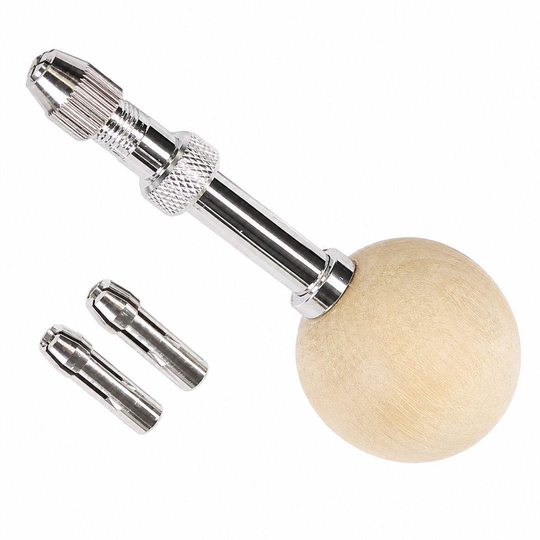 Pin Vise Set with Wooden Ball Handle, 3.5-Inch Manual Precision Hand Drill, Metal Shaft and 2 Extra Collets for Jewelry Making, Models, Crafts and Small Repairs – TJ-991