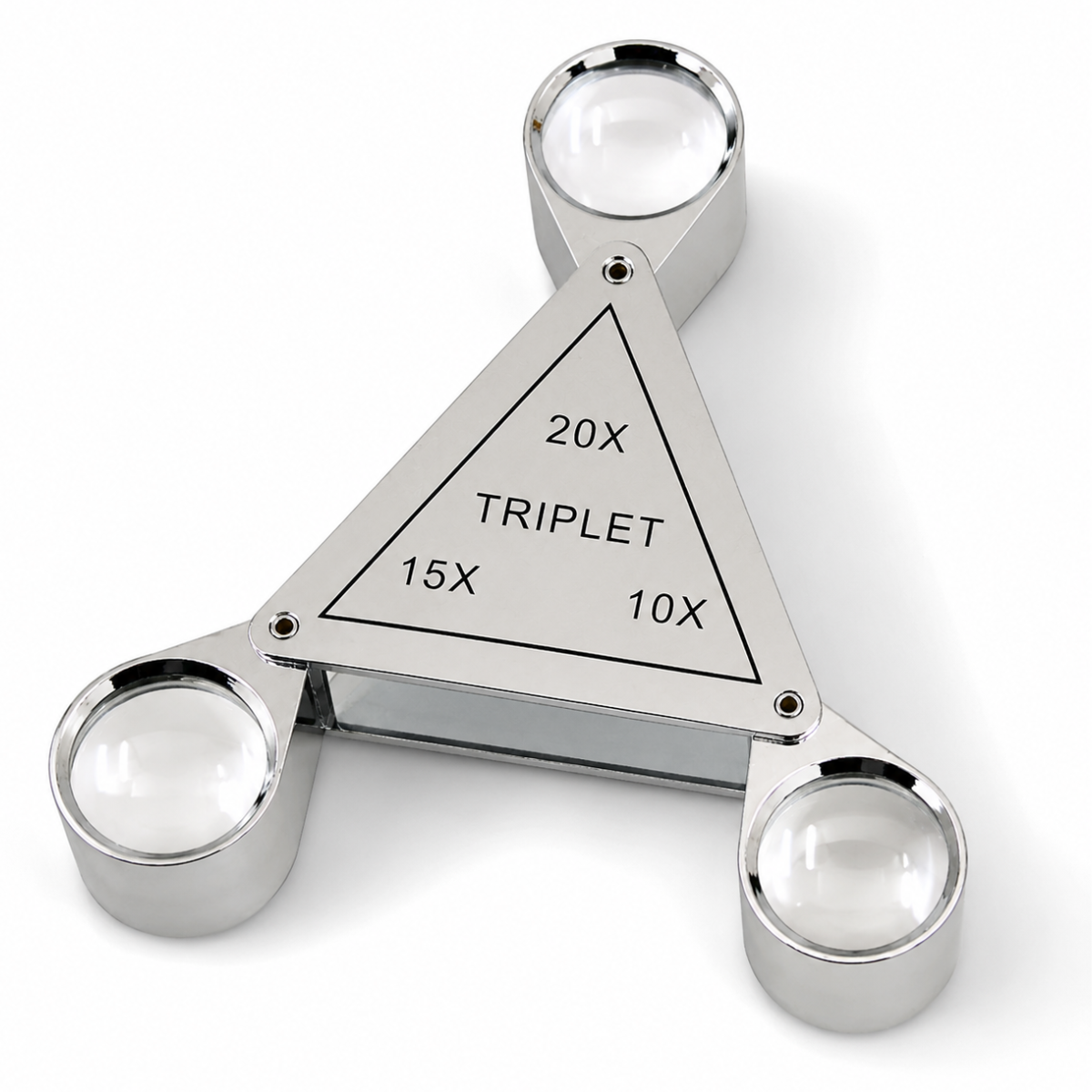 Triangular Frame Chrome Triplet Loupe Set, 10X 15X 20X Magnification, Steel Folding Jewelry Magnifier with Brown Leather Case, 18mm Glass Lenses