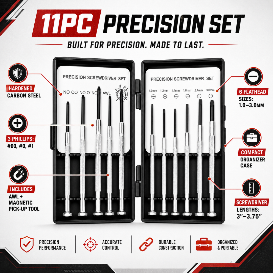 11 Piece Precision Screwdriver Set with Magnetic Pick-Up Tool, Awl & Carrying Case – Mini Phillips and Slotted Screwdrivers for Watches, Eyeglasses, Electronics, Jewelry Repair & Small Parts