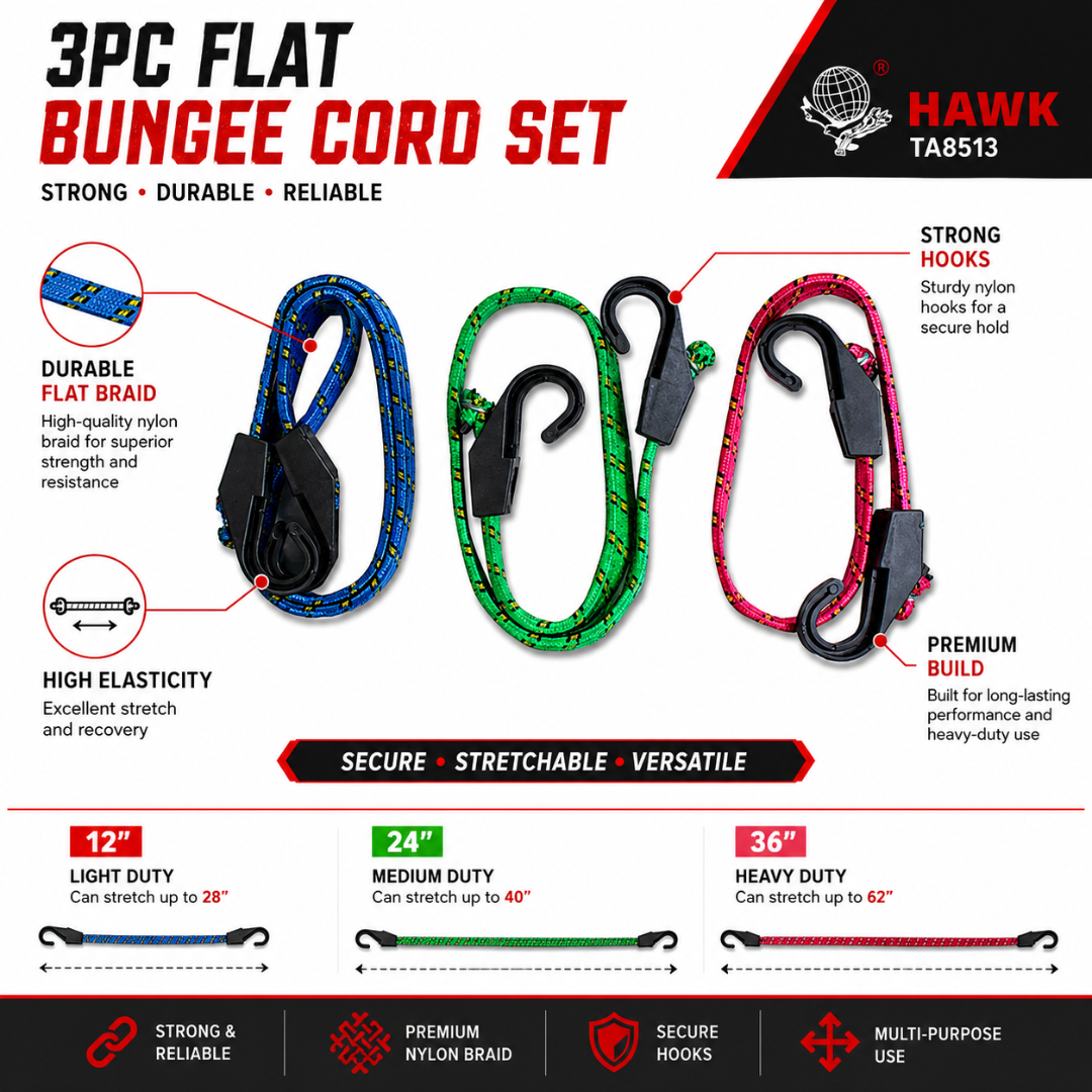3 Piece Flat Bungee Cord Set with Nylon Hooks, 12", 24", 36" Tie Down Straps, 1" Wide Flat Bungee Cords for Transport, Cargo, Storage, Camping, Pack of 2