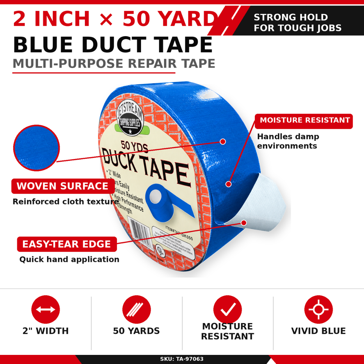 Blue Multi-Purpose Duct Tape, 2 Inch Wide x 50 Yards Long, Strong Adhesive Repair Tape for Packaging, Warehouse, Home, Shop & General Purpose Use