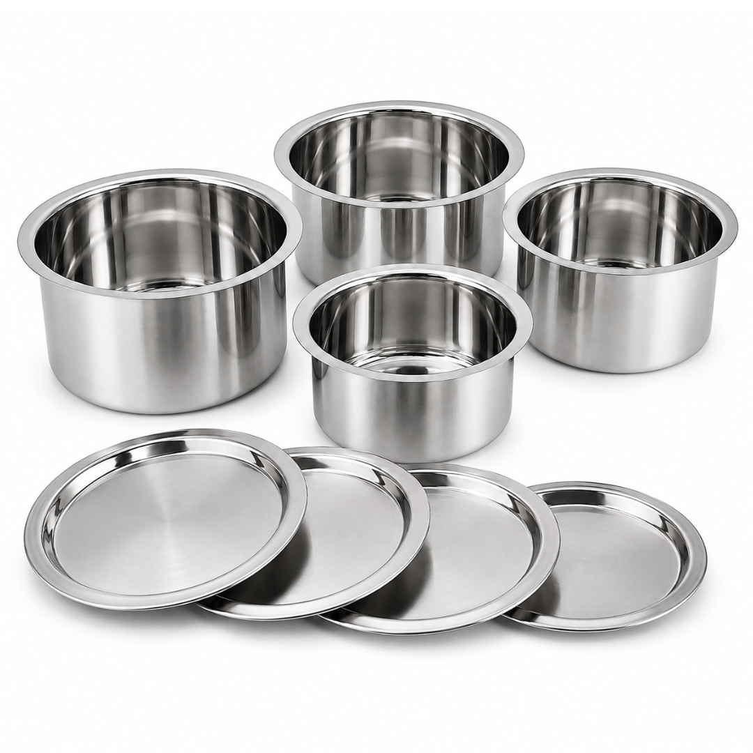 8 Piece Stainless Steel Cooking Pot Set with Lids, 4 Heavy Duty 26 Gauge Pots & 4 Mirror Finish 22 Gauge Lids, Stackable Cookware & Serving Trays, UCT-FT4-1922