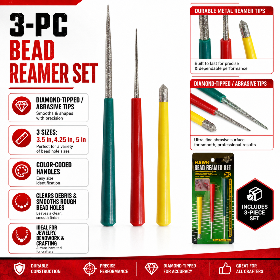 3 Piece Bead Reamer Set, 3.5", 4.25" & 5" Diamond Tipped Bead Hole Reamers with Color Coded Handles, Jewelry Making Tool Set for Smoothing Beads, Cleaning Holes & Wire Threading