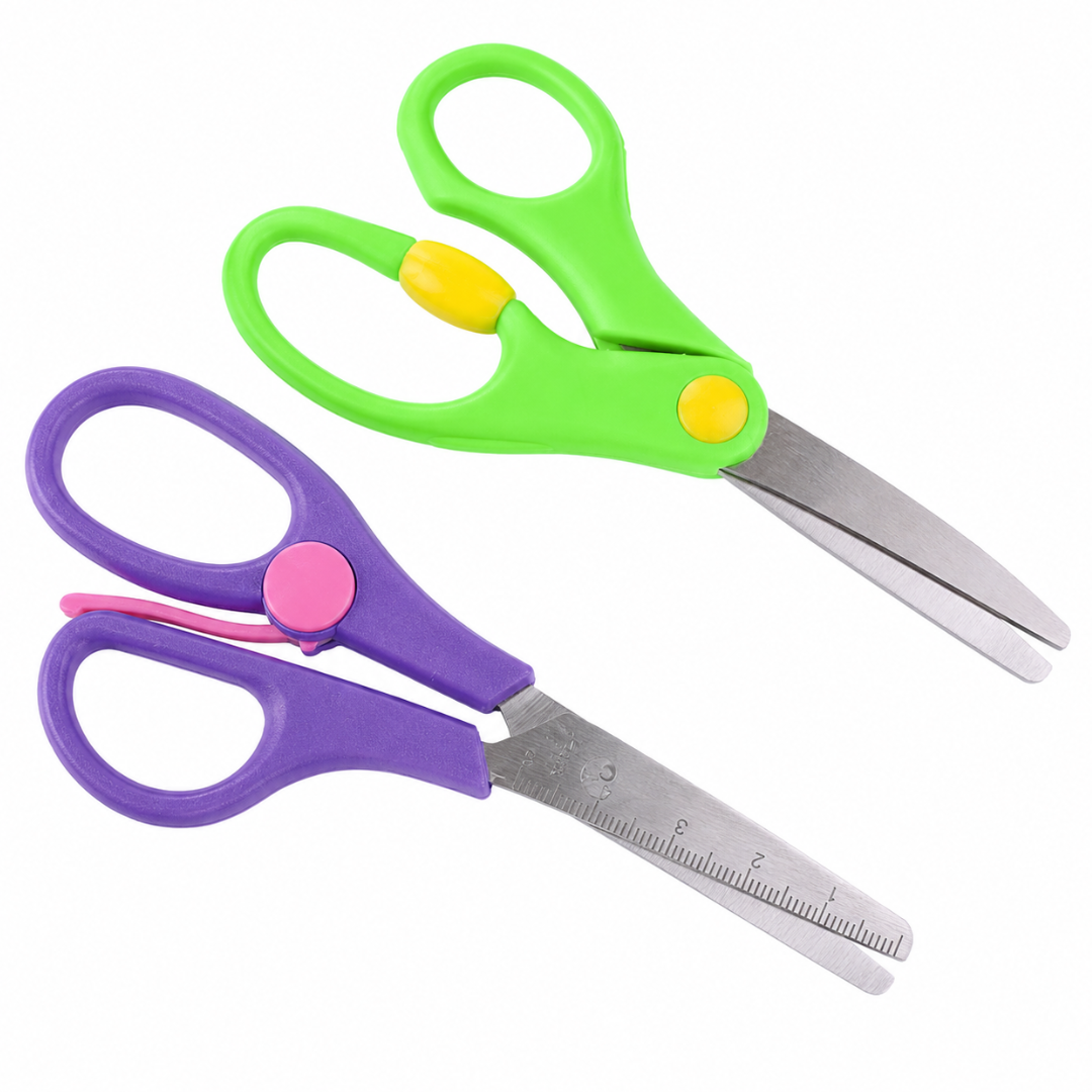 Semi-Automatic School Scissors 2-Piece Sets, Pack of 2 Sets, 4 Total Scissors, 5.5 Inch Spring Action Kids Scissors with Rounded Safety Tips, Bright Colors, Side Ruler, Classroom Desk Backpack Supplies