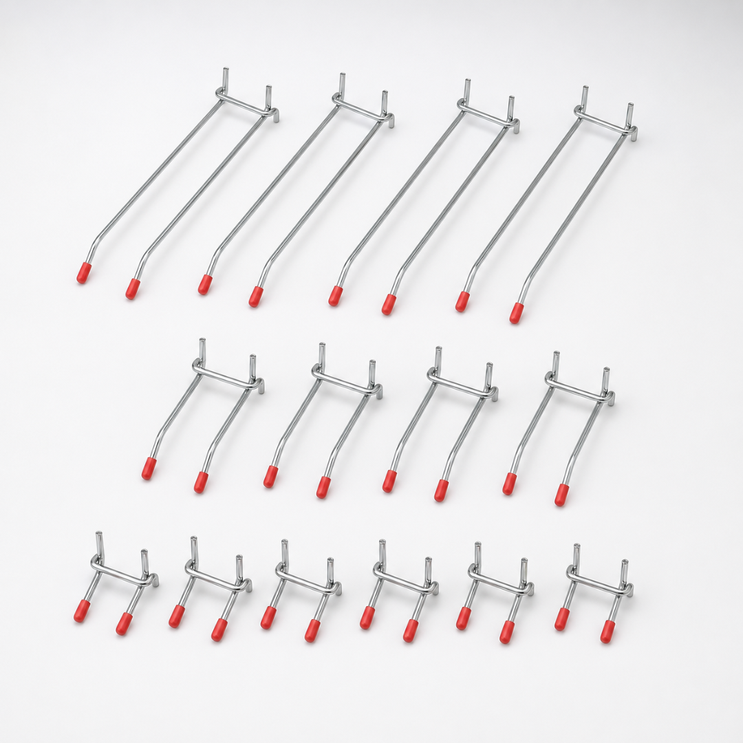 14-Piece Double-Prong Pegboard Hook Assortment, Durable Mild Steel Tool Organizer Hooks with Protective Red Tips, Includes 2, 4 and 6 Inch Hooks – KIT-WP2002-6