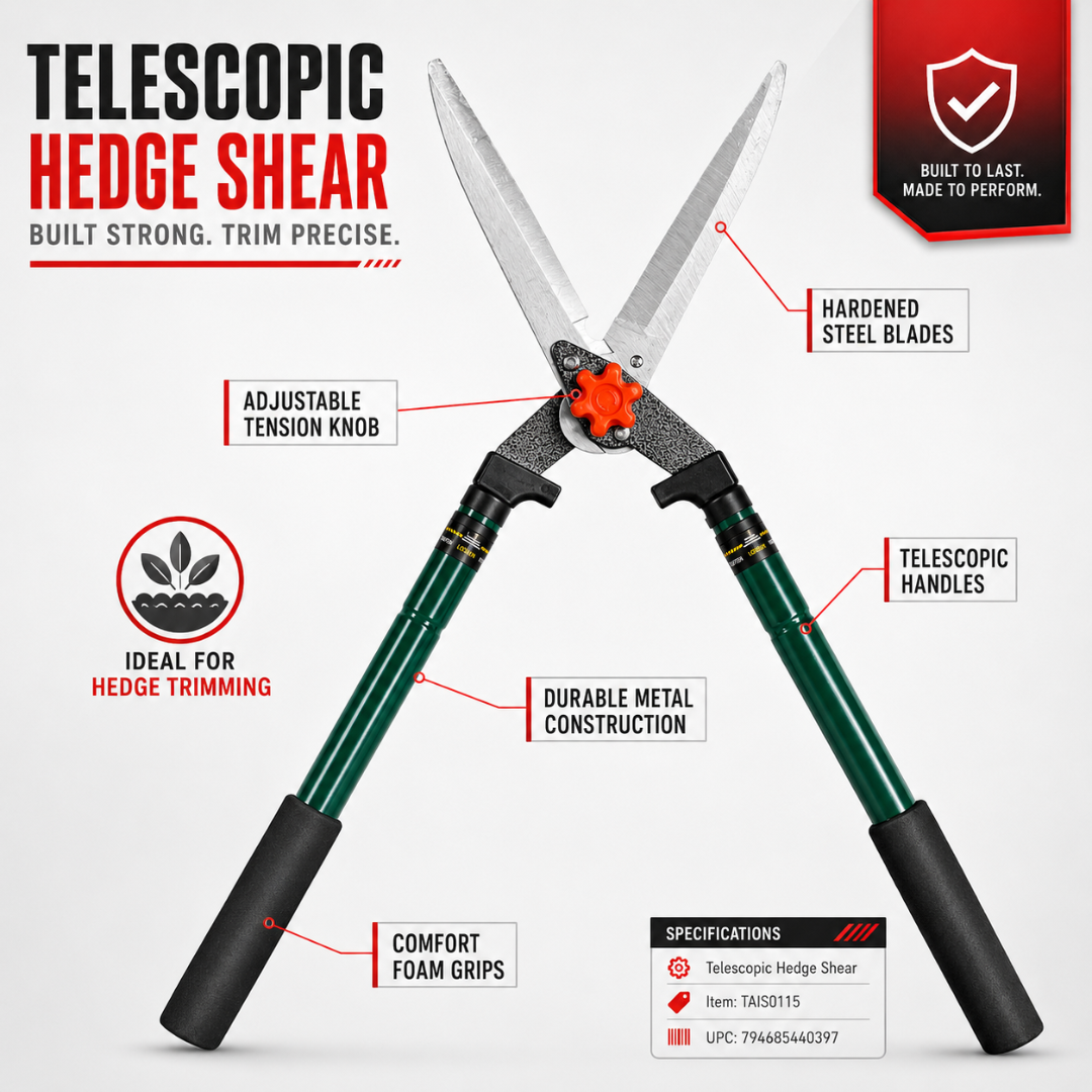 Telescopic Hedge Shears with Extendable Green Handles, Steel Blades, Adjustable Tension Knob, Comfort Foam Grips, Manual Hedge Clippers for Shrubs, Bushes, Hedges & Garden Trimming