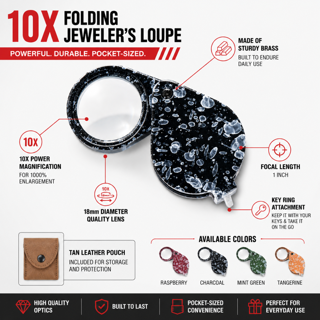 10X Jeweler’s Loupe Magnifier, 18mm Lens, Brass Pocket Folding Magnifying Glass with Leather Pouch, Assorted Marbled Colors