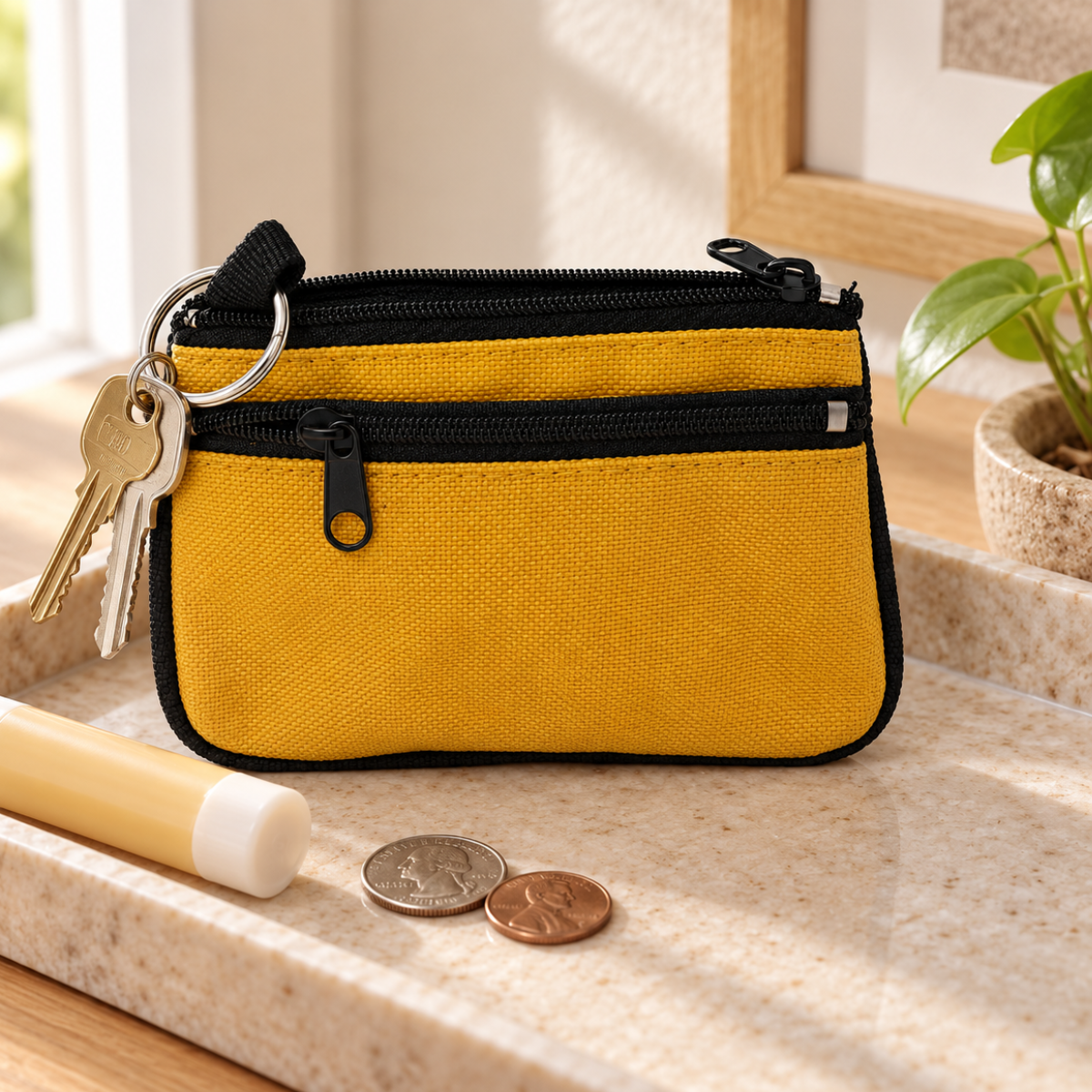Yellow & Black Double-Zipper Coin Purse with Key Ring, Nylon Mini Organizer Pouch, 4-1/2 x 3-1/2 Inches – GB-11868YW