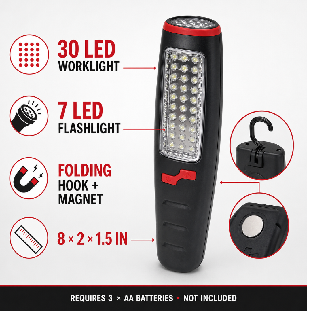 37 LED Magnetic Work Light with Hanging Hook – 8-Inch Portable Handheld Flashlight, 30-LED Front Panel & 7-LED Top Light, Battery Operated – LKCO-6928-FL