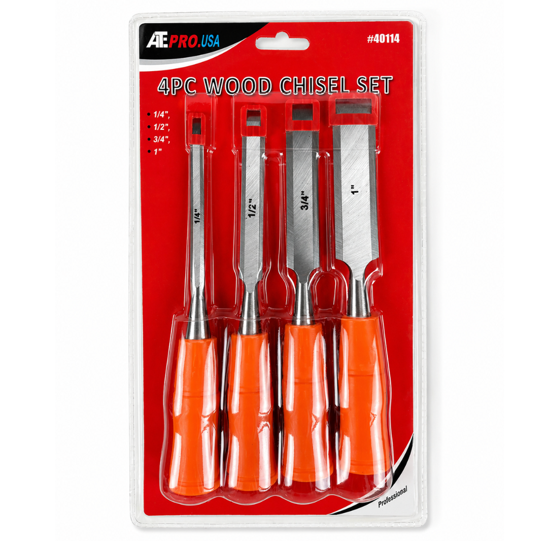 4 Pc Wood Chisel Set – 1/4", 1/2", 3/4", 1" Cr-V Steel Woodworking Chisels with Comfort Grip Handles & Blade Guards – Carpentry, DIY & Professional Use