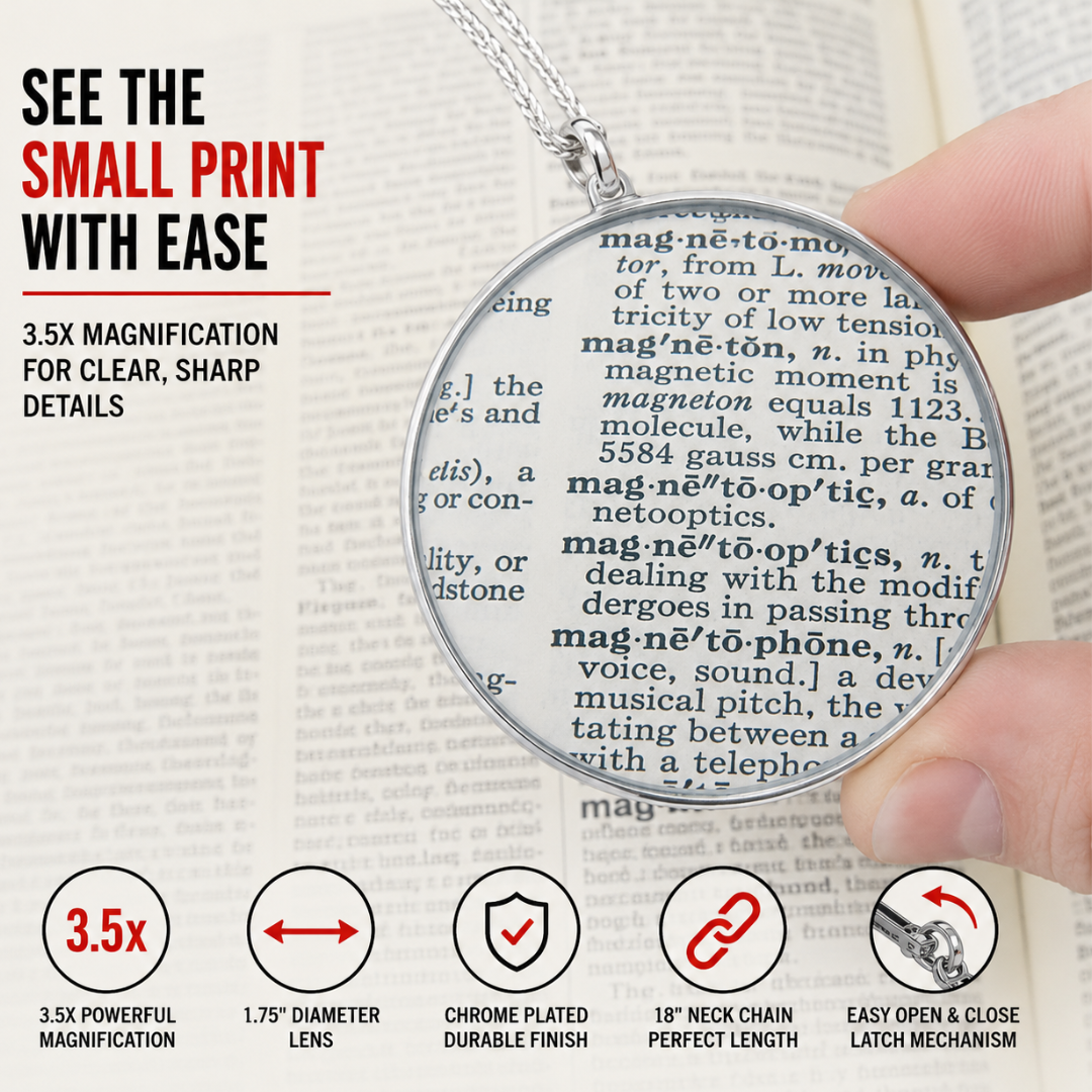 3.5X Magnifying Glass Pendant Necklace, Chrome Plated 1.75 Inch Lens with 18 Inch Chain, Wearable Reading Magnifier for Menus, Receipts, Price Tags, Programs & Small Print